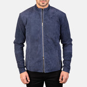 
Close-Up Detail of Mandarin & Zipper with Dual Puller Hardware on Charcoal Navy Blue Suede Biker Jacket