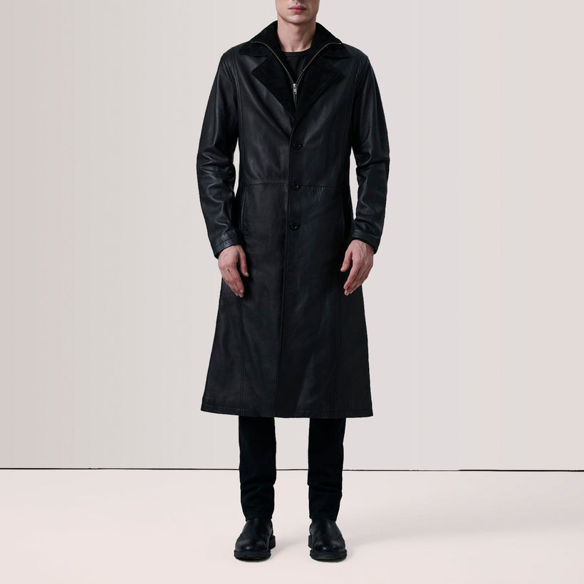 Charlton Svart Leather Single Breasted Skinnkåpe for Herre