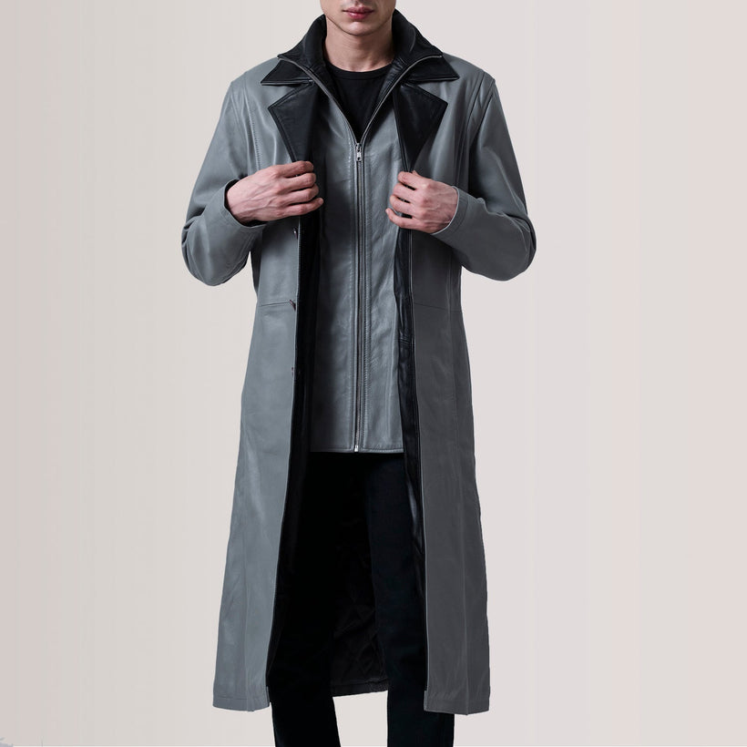 Charlton Grey Leather Single Breasted Skinnkåpe for Herre
