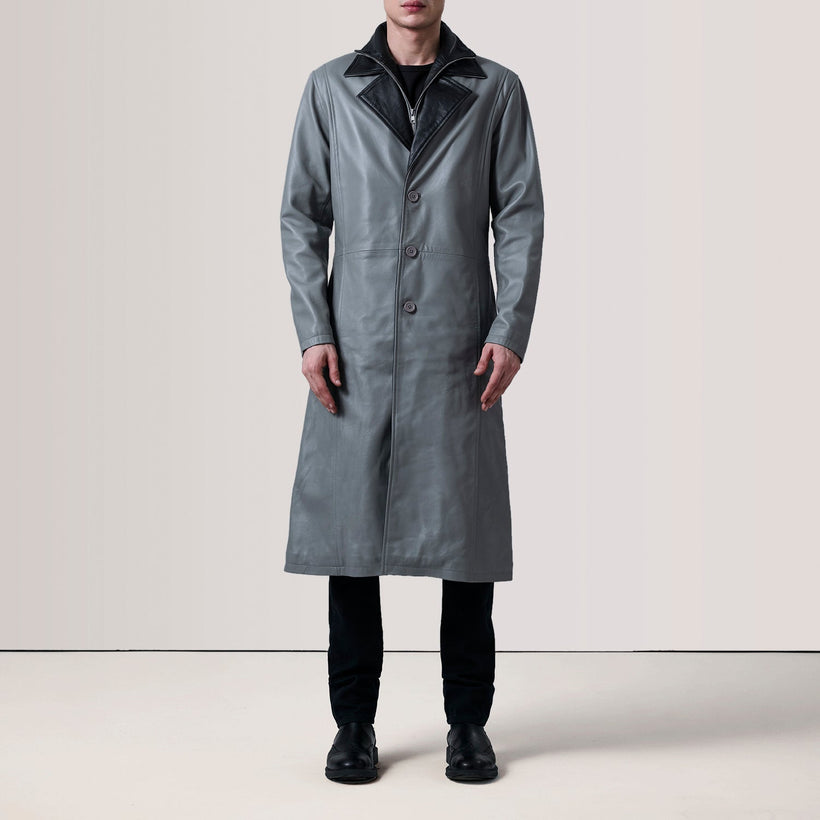 Charlton Grey Leather Single Breasted Skinnkåpe for Herre