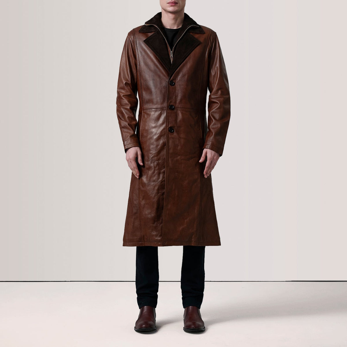 
Distressed Brown Sheepskin Burnished Leather Coat - Back View Showing Tailored Shoulder Fit & Clean Hemline