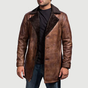 
Cinnamon Distressed Leather Fur Coat in Distressed Brown Sheepskin Burnishing - Front Profile View & Tailored Silhouette | Buy Online