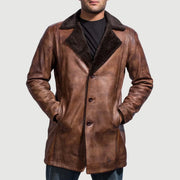 
Cinnamon Distressed Leather Fur Coat - Lateral Side Profile View Showing Sleeve Cut & Athletic Taper Fit