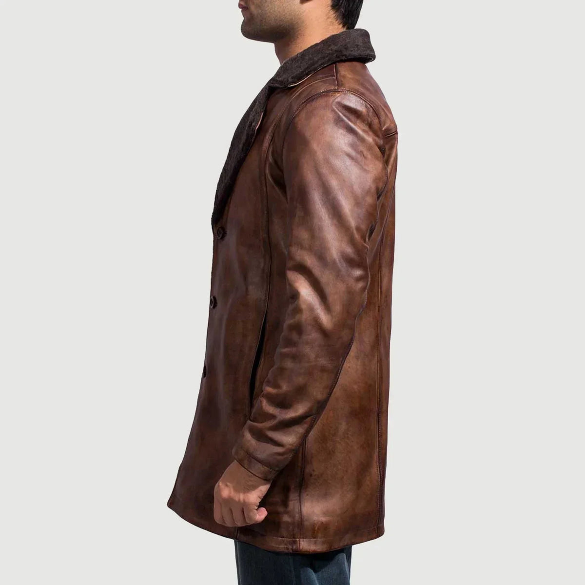
Close-Up Detail of Notch & Button Hardware on Cinnamon Distressed Leather Fur Coat