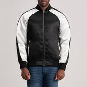 Clarke Svart Varsity Skinnjakke for Herre in Black &amp; White Satin - Front Profile View &amp; Tailored Silhouette | Buy Online