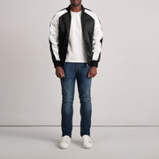 Close-Up Detail of Varsity &amp; Zipper Hardware on Clarke Svart Varsity Skinnjakke for Herre