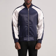 Clarke Blue Varsity Skinnjakke for Herre in Blue &amp; White Satin - Front Profile View &amp; Tailored Silhouette | Buy Online