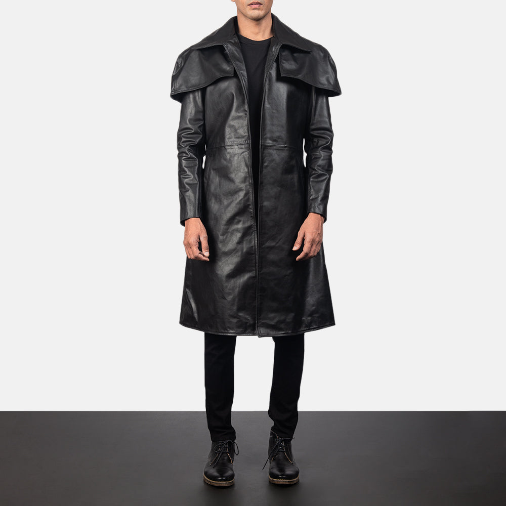 Men's Classic Svart Leather Duster for Herre in Black Cowhide Leather - Front Profile View &amp; Tailored Silhouette | Buy Online