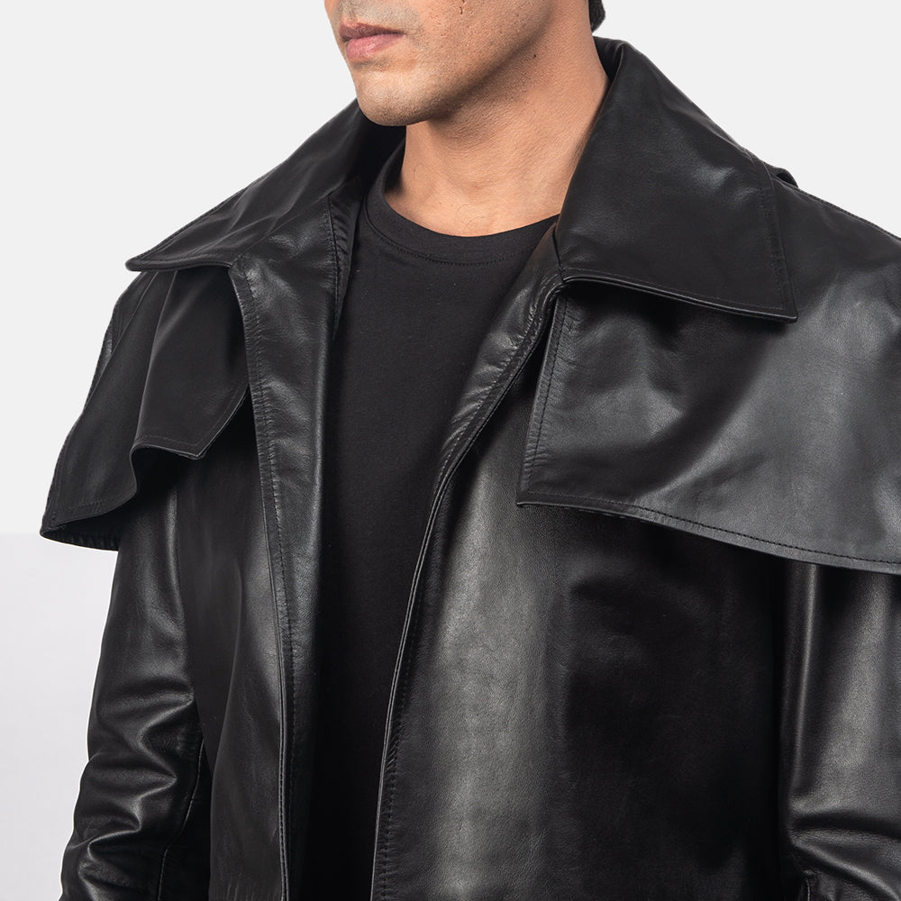 Close-Up Detail of Classic Collar &amp; Heavy-Duty Zipper Hardware on Men's Classic Svart Leather Duster for Herre