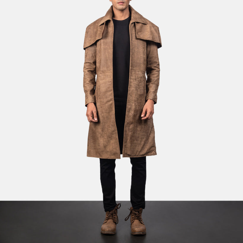 Classic Brun Leather Duster for Herre