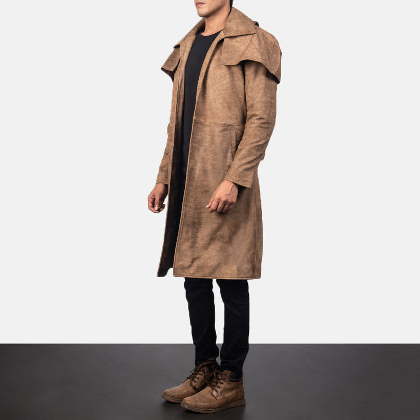 Classic Brun Leather Duster for Herre
