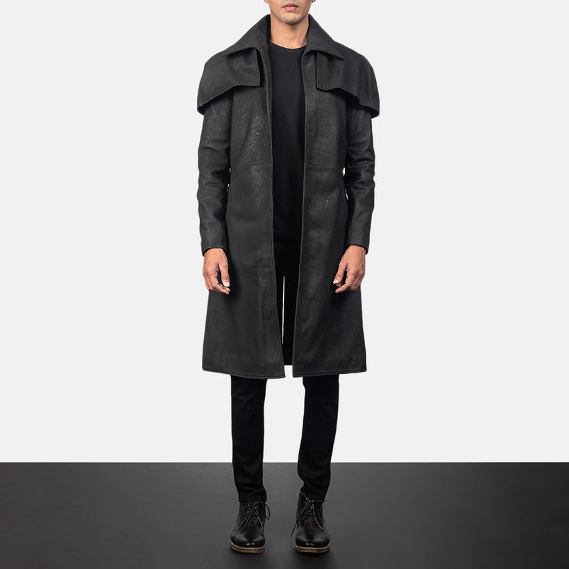 Classic Distressed Svart Leather Duster for Herre