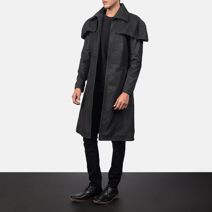 Classic Distressed Svart Leather Duster for Herre