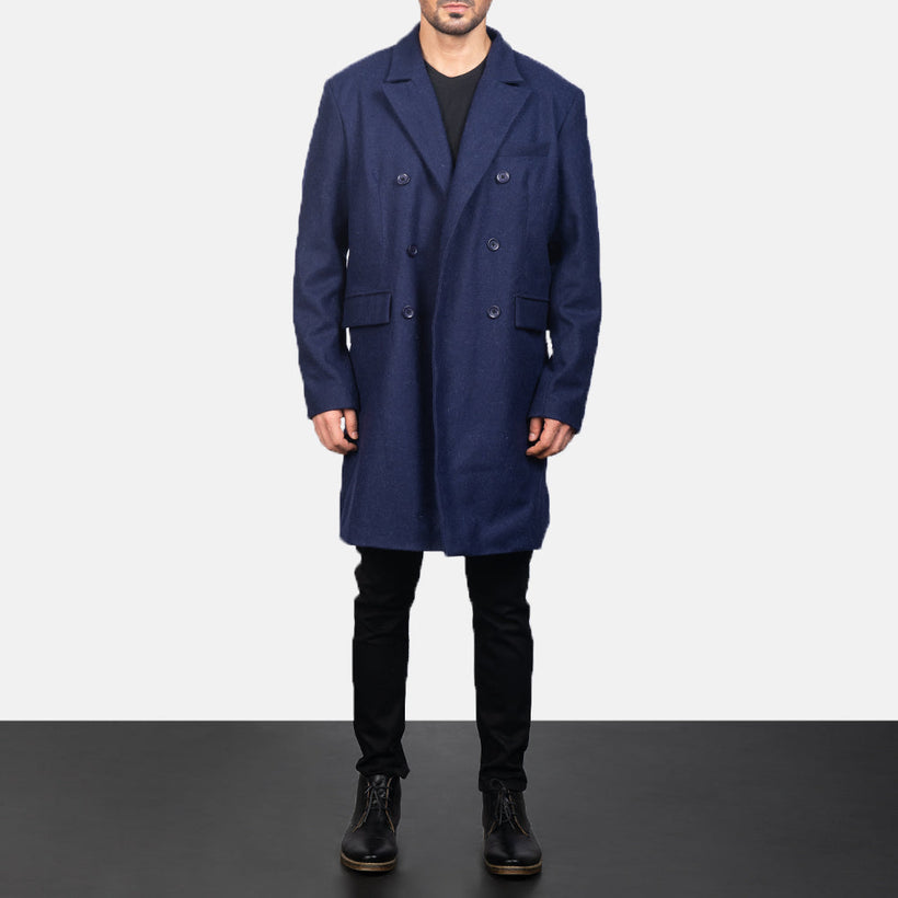 Claud Blue Wool Double-Breasted Skinnkåpe for Herre