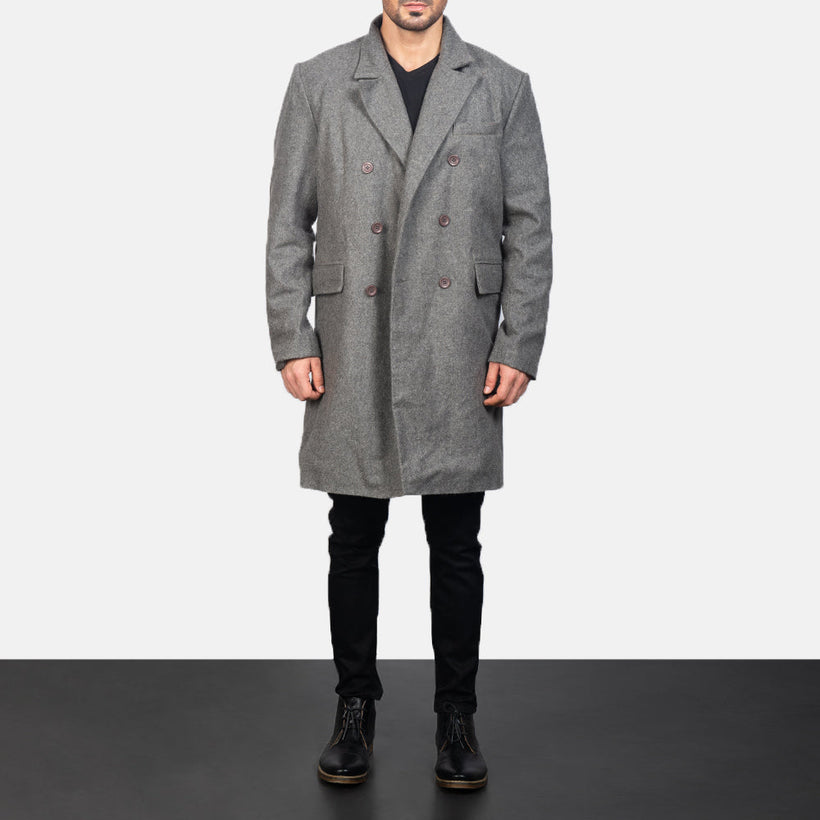 Claud Grey Wool Double-Breasted Skinnkåpe for Herre