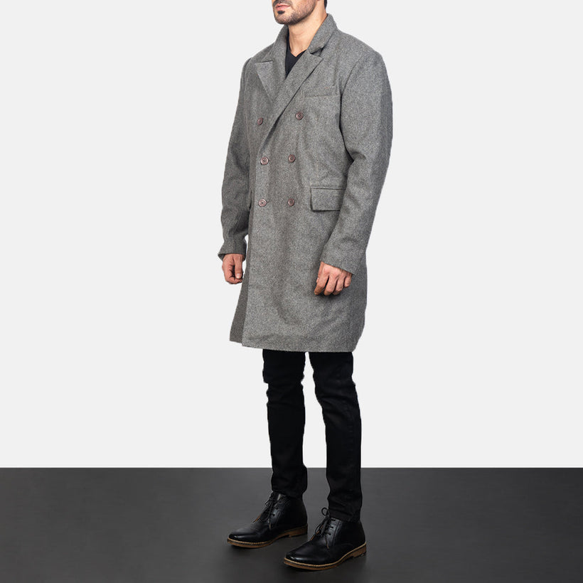 Claud Grey Wool Double-Breasted Skinnkåpe for Herre