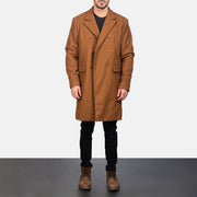 Men's Claud Khaki Wool Double Breasted Coat - Lateral Side Profile View Showing Sleeve Cut &amp; Athletic Taper Fit