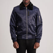 Clyde B-15 Blue Bomberjakke i Skinn for Herre in Blue Satin - Front Profile View &amp; Tailored Silhouette | Buy Online