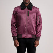 Clyde B-15 Maroon Bomberjakke i Skinn for Herre in Maroon Satin - Front Profile View &amp; Tailored Silhouette | Buy Online
