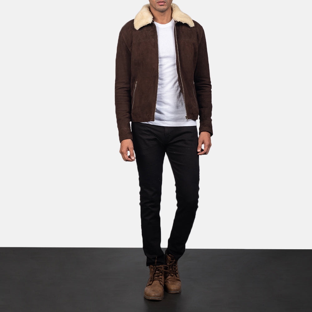 Men's Coffner Brun Shearling Fur Skinnjakke for Herre - Lateral Side Profile View Showing Sleeve Cut &amp; Athletic Taper Fit