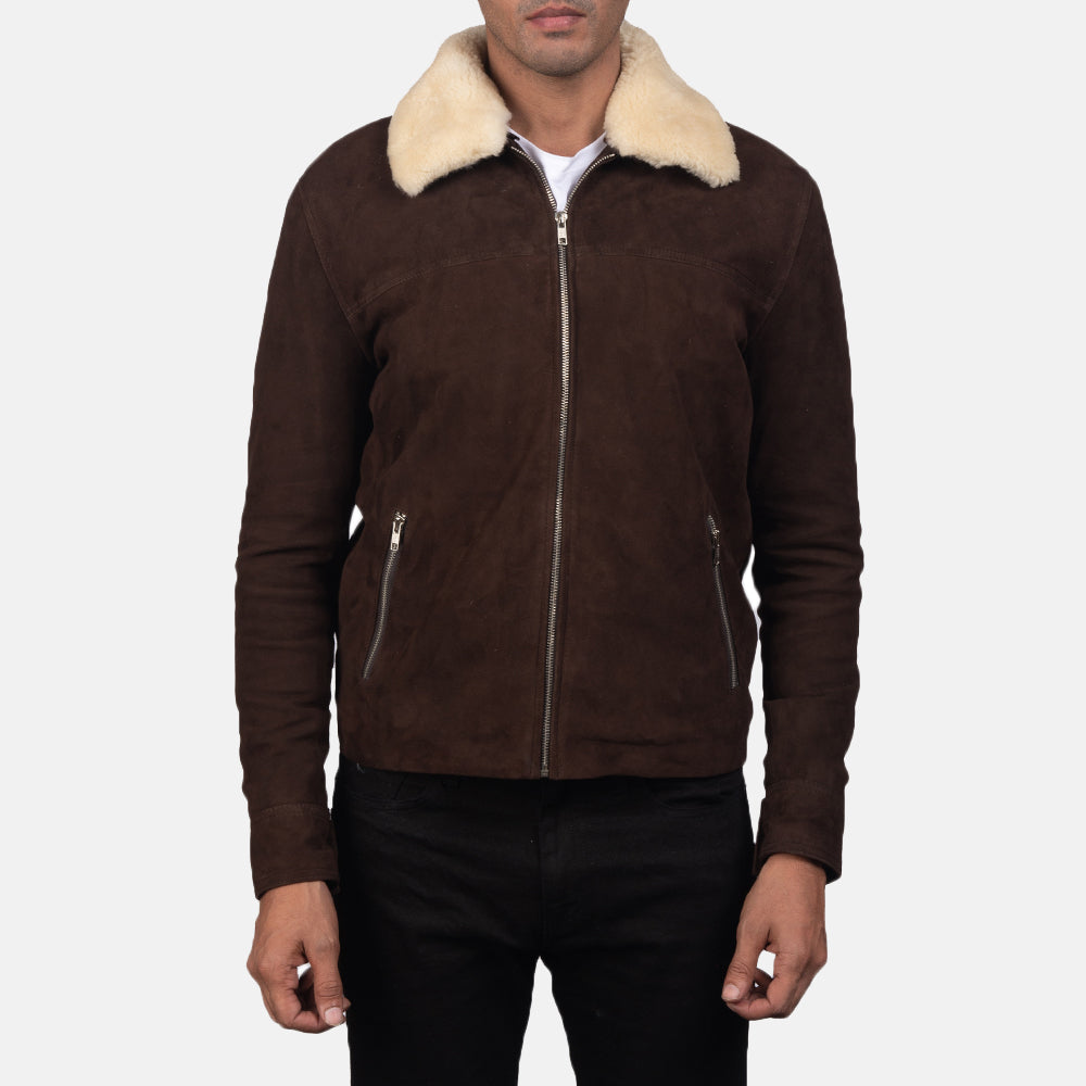 Close-Up Detail of Shirt with Removable Fur Collar &amp; Zipper Hardware on Men's Coffner Brun Shearling Fur Skinnjakke for Herre