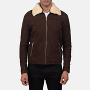 Close-Up Detail of Shirt with Removable Fur Collar &amp; Zipper Hardware on Men's Coffner Brun Shearling Fur Skinnjakke for Herre