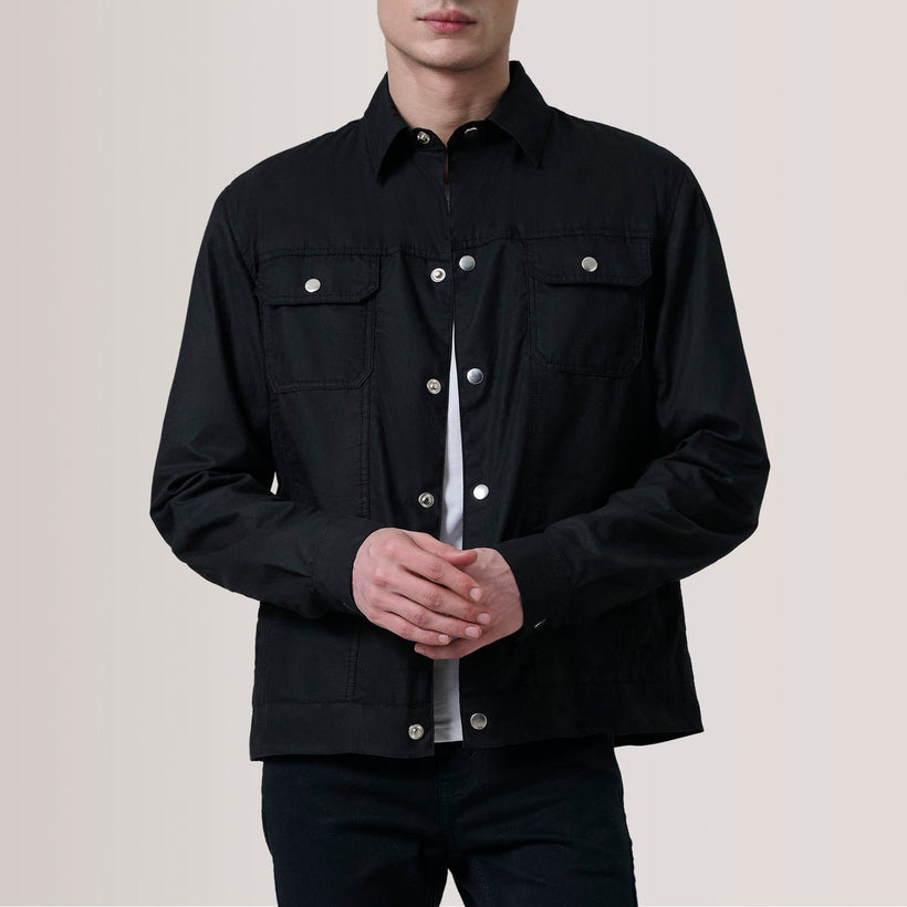 Colberto Black Waxed Canvas Trucker Jacket For Men in Black Waxed Cotton Canvas - Front Profile View & Tailored Silhouette | Buy Online