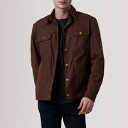 Colberto Brun Waxed Canvas Trucker Skinnjakke for Herre For Men in Brown Waxed Cotton Canvas - Front Profile View &amp; Tailored Silhouette | Buy Online