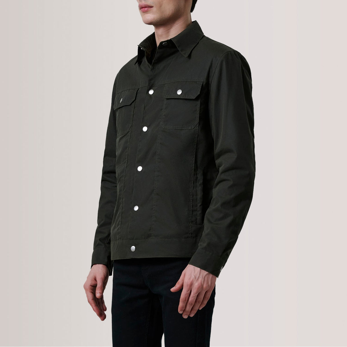 Colberto Olive Waxed Canvas Trucker Skinnjakke for Herre For Men - Lateral Side Profile View Showing Sleeve Cut &amp; Athletic Taper Fit