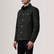 Colberto Olive Waxed Canvas Trucker Skinnjakke for Herre For Men - Lateral Side Profile View Showing Sleeve Cut &amp; Athletic Taper Fit