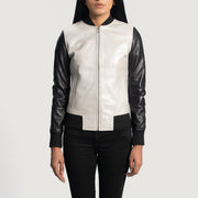
Cole Silver Leather Bomber Jacket in Silver & Black Sheepskin Leather - Front Profile View & Tailored Silhouette | Buy Online