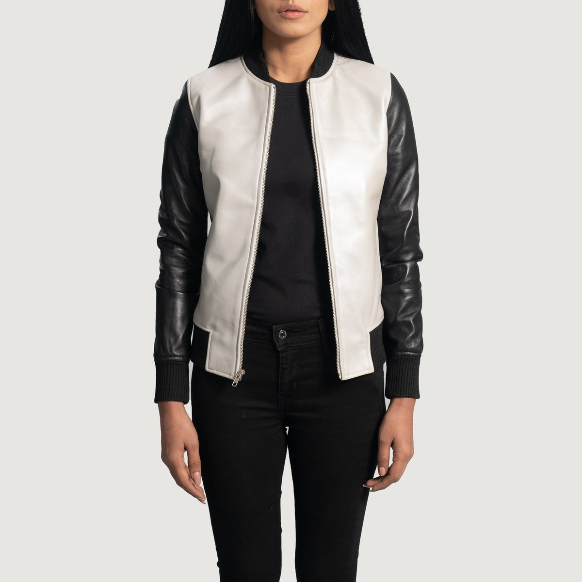 
Cole Silver Leather Bomber Jacket - Lateral Side Profile View Showing Sleeve Cut & Athletic Taper Fit
