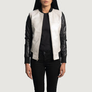 
Cole Silver Leather Bomber Jacket - Lateral Side Profile View Showing Sleeve Cut & Athletic Taper Fit