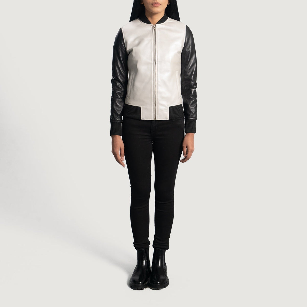 
Close-Up Detail of Varsity & Zipper Hardware on Cole Silver Leather Bomber Jacket