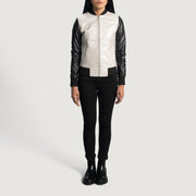 
Close-Up Detail of Varsity & Zipper Hardware on Cole Silver Leather Bomber Jacket