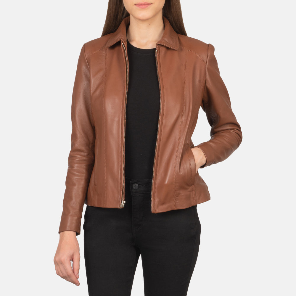 Women Colette Brun Skinnjakke for Kvinner in Brown Sheepskin Leather - Front Profile View &amp; Tailored Silhouette | Buy Online