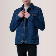 Conard Dark Blue Denim Trucker Skinnjakke for Herre For Men in Dark Blue Full-Grain Leather - Front Profile View &amp; Tailored Silhouette | Buy Online