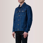 Conard Dark Blue Denim Trucker Skinnjakke for Herre For Men - Lateral Side Profile View Showing Sleeve Cut &amp; Athletic Taper Fit