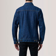 Close-Up Detail of Classic Collar &amp; Heavy-Duty Zipper Hardware on Conard Dark Blue Denim Trucker Skinnjakke for Herre For Men
