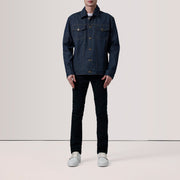 
Indigo Blue Full-Grain leather Jacket - Back View Showing Tailored Shoulder Fit & Clean Hemline