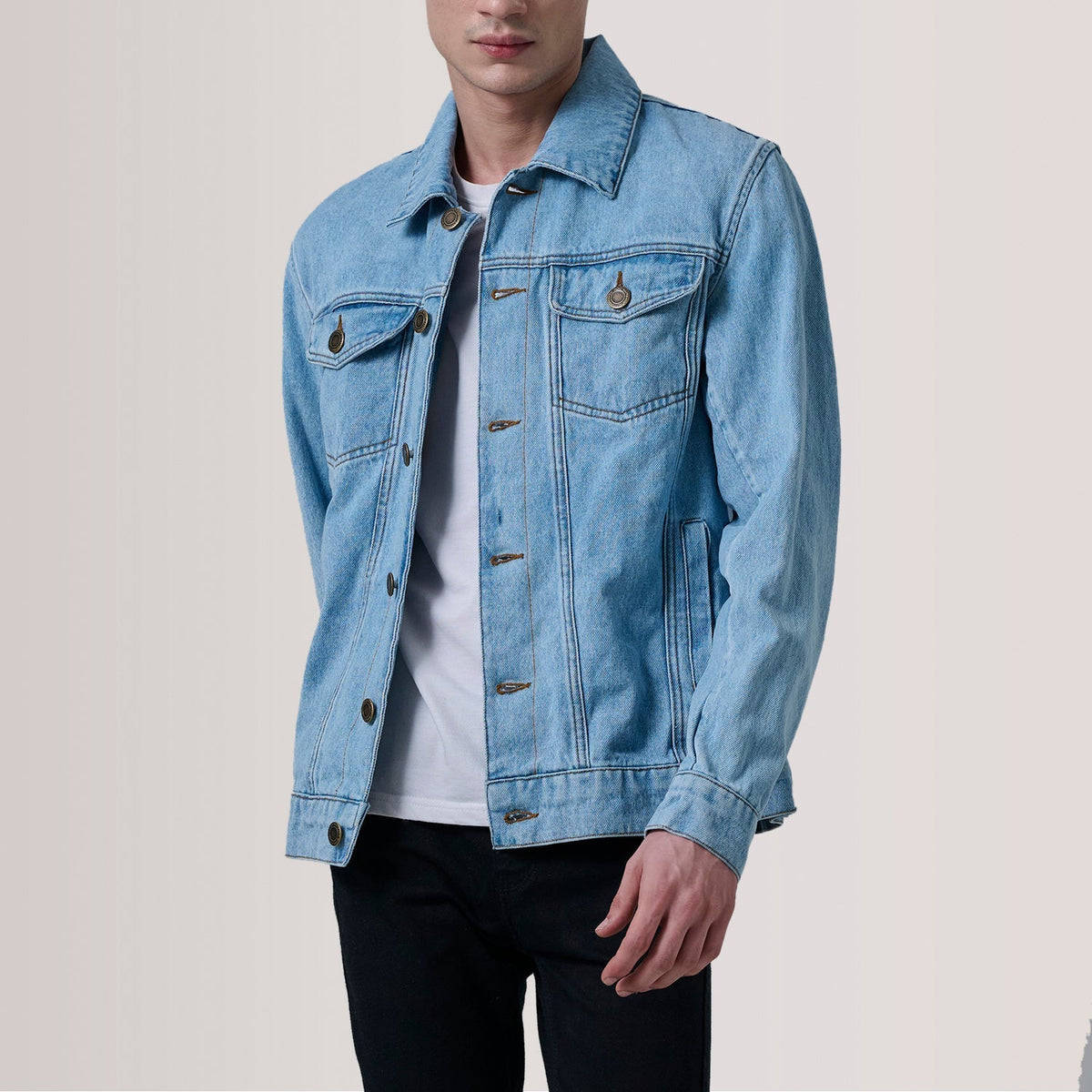 Conard Light Blue Denim Trucker Skinnjakke for Herre For Men in Light Blue Full-Grain Leather - Front Profile View &amp; Tailored Silhouette | Buy Online