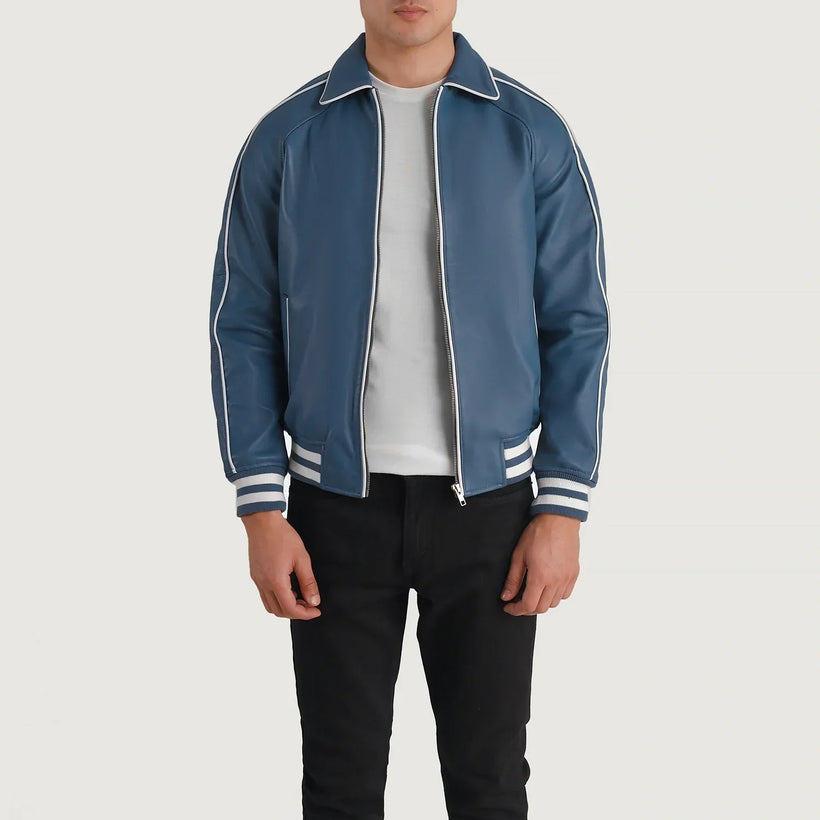 Cooper Blue Leather Varsity Skinnjakke for Herre