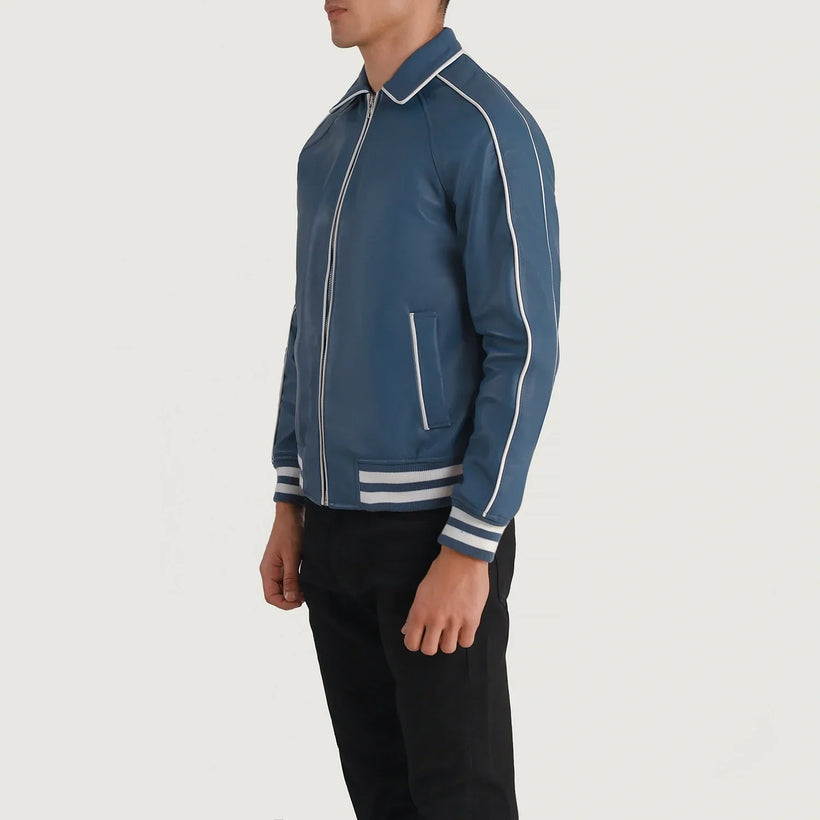 Cooper Blue Leather Varsity Skinnjakke for Herre