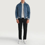 Cooper Blue Leather Varsity Skinnjakke for Herre - Lateral Side Profile View Showing Sleeve Cut &amp; Athletic Taper Fit