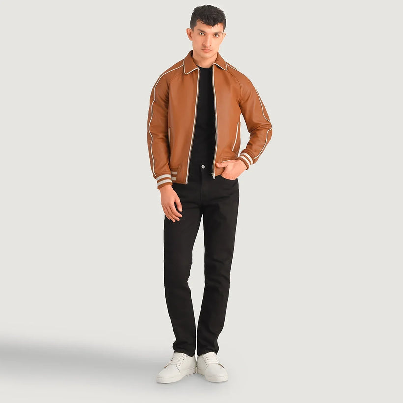 Cooper Lys brun Brun Leather Varsity Skinnjakke for Herre