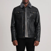 Dallis Svart Leather Shearling Trucker Skinnjakke for Herre in Black Sheepskin Leather - Front Profile View &amp; Tailored Silhouette | Buy Online