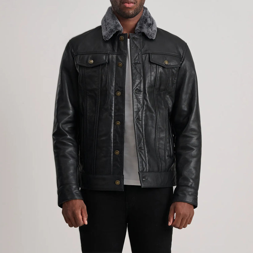 Dallis Svart Leather Shearling Trucker Skinnjakke for Herre