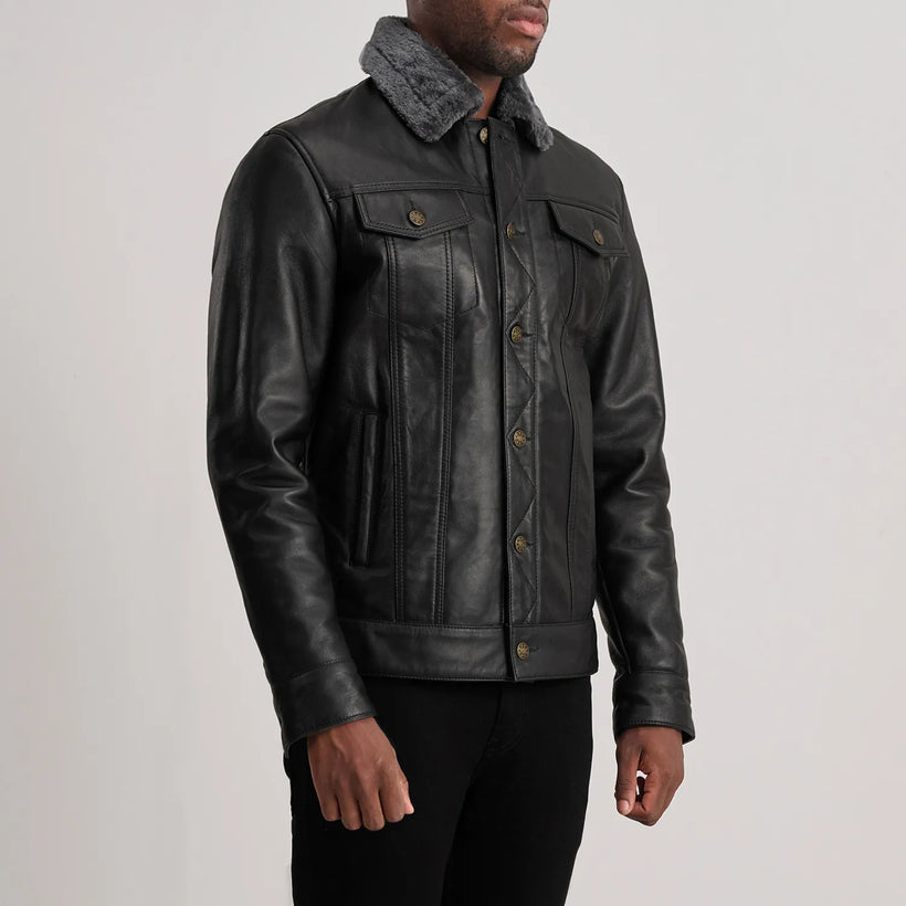 Dallis Svart Leather Shearling Trucker Skinnjakke for Herre