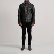 Dallis Svart Leather Shearling Trucker Skinnjakke for Herre - Lateral Side Profile View Showing Sleeve Cut &amp; Athletic Taper Fit