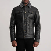 Close-Up Detail of Classic Collar &amp; Button Hardware on Dallis Svart Leather Shearling Trucker Skinnjakke for Herre